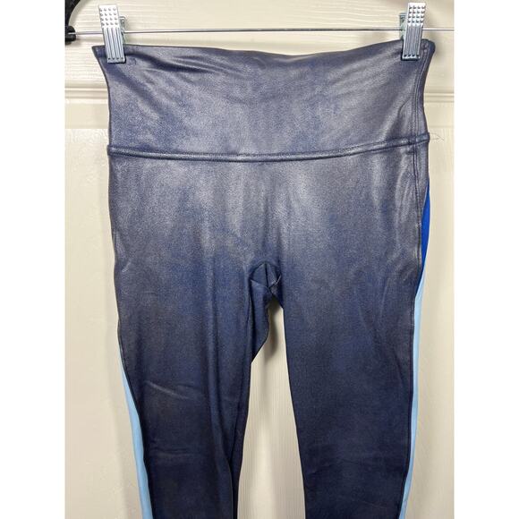 Spanx Faux Vegan Leather High Waist Blue Track Stripe Leggings Women's Small - Picture 3 of 11
